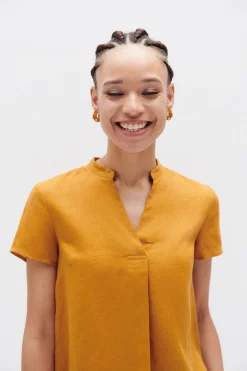 Online Blouse Kat 100% Lin Jaune Moutarde Femme Chemises