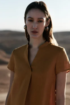 Online Blouse Kat 100% Lin Jaune Moutarde Femme Chemises