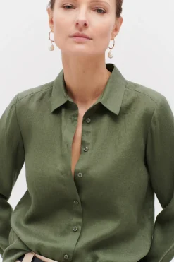 Hot Chemise Brenda 100% Lin Vert Kaki Femme Chemises