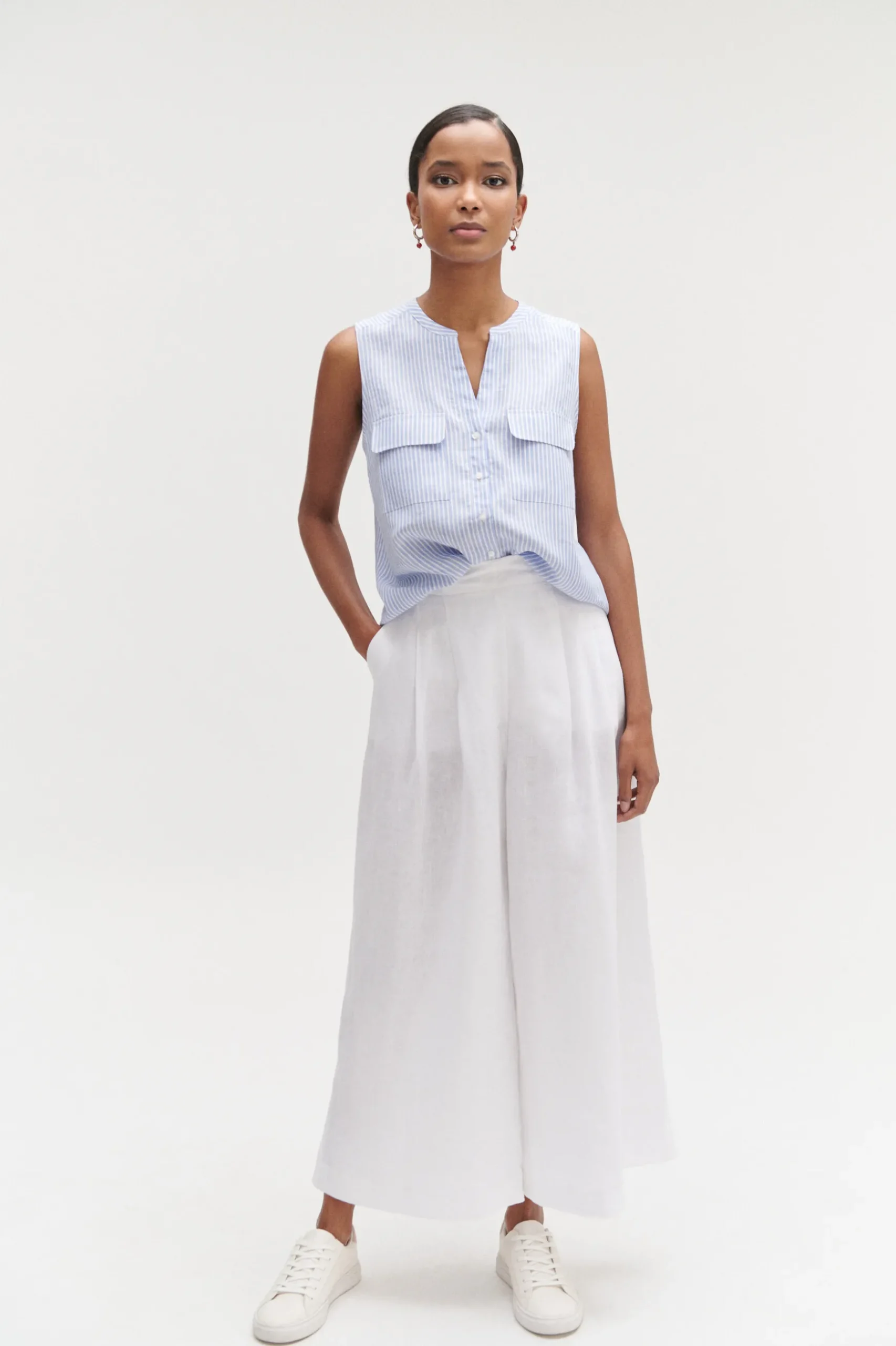 Fashion Chemise Chambray Rayee 100% Lin Femme Chemises