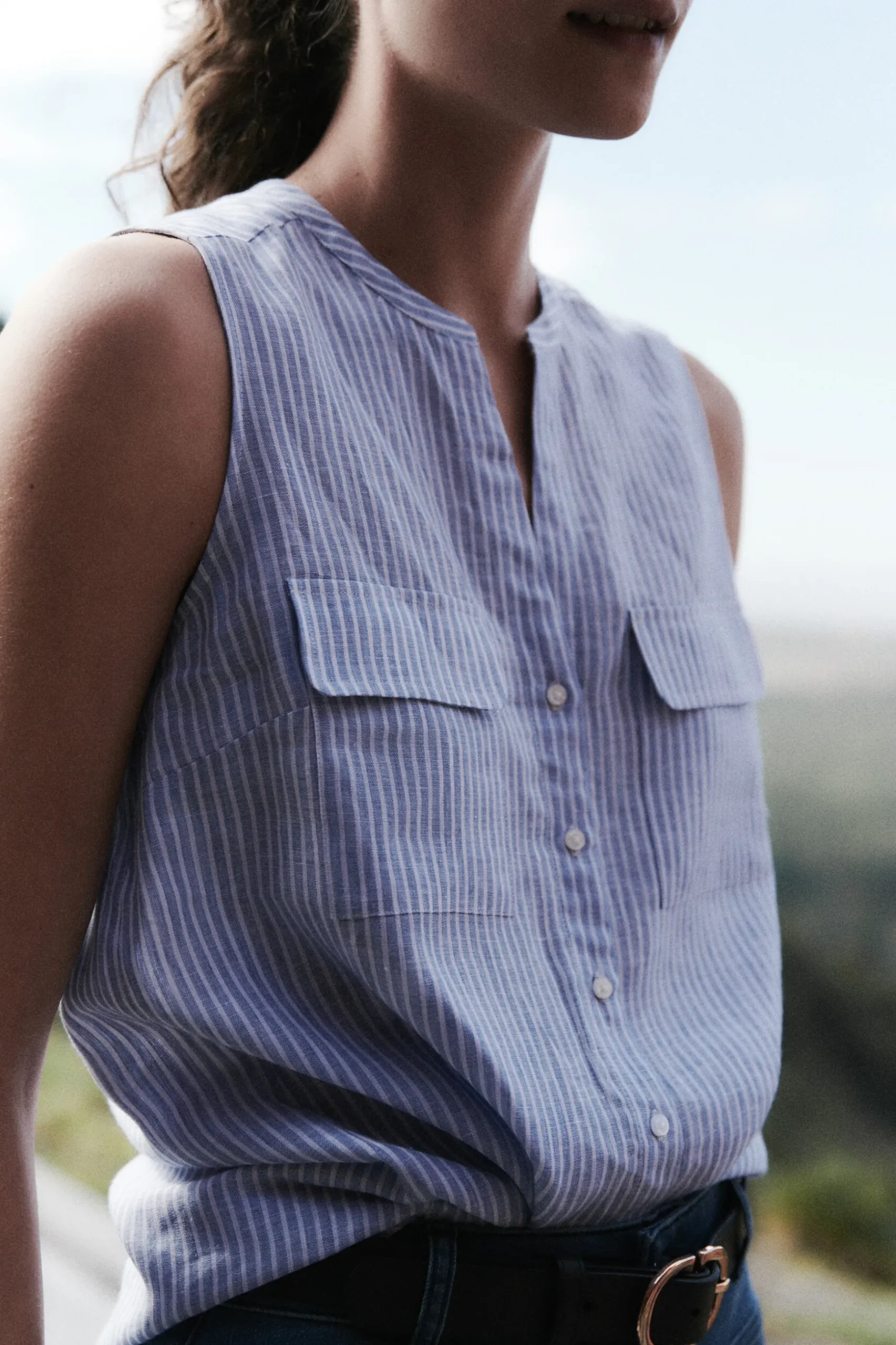 Fashion Chemise Chambray Rayee 100% Lin Femme Chemises