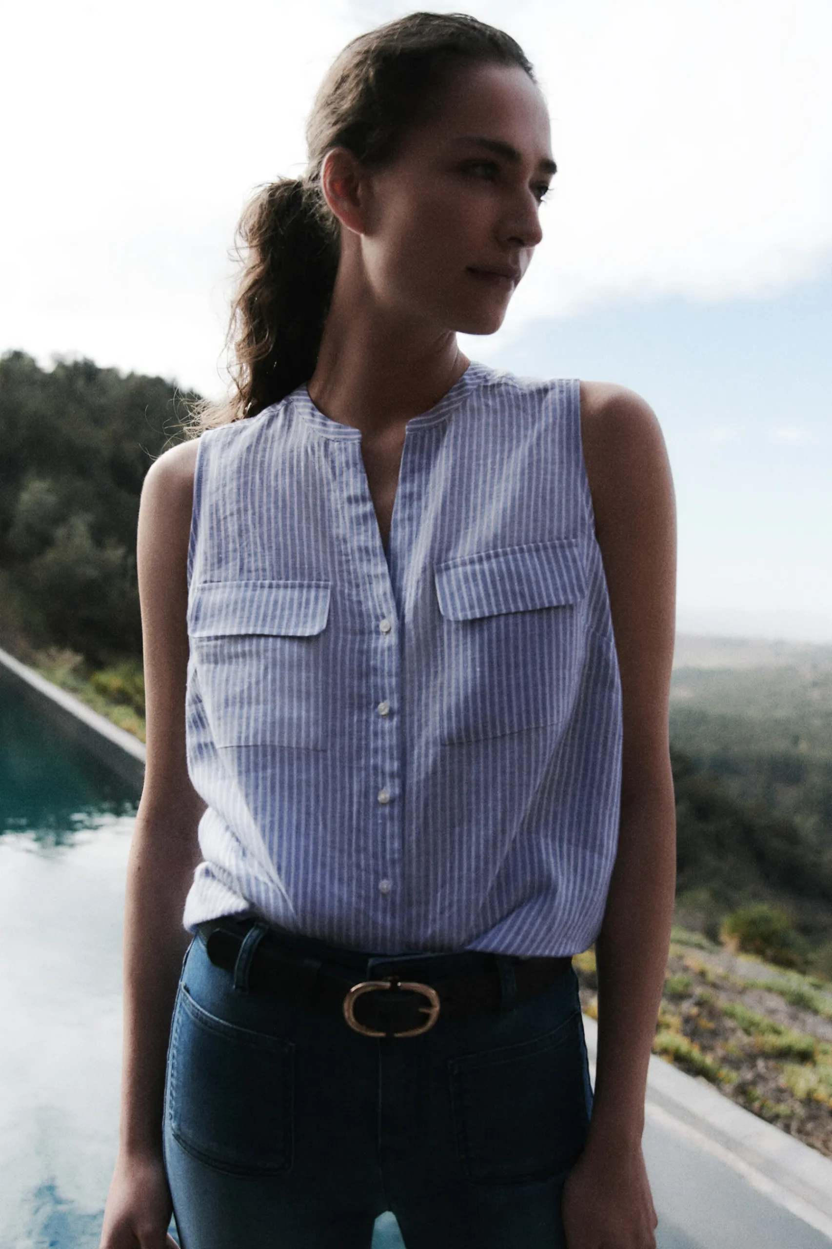 Fashion Chemise Chambray Rayee 100% Lin Femme Chemises
