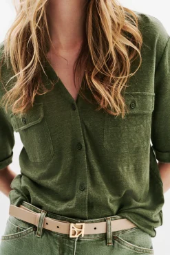 Online Chemise Estela 100% Lin Vert Kaki Femme Tops Et T-Shirts