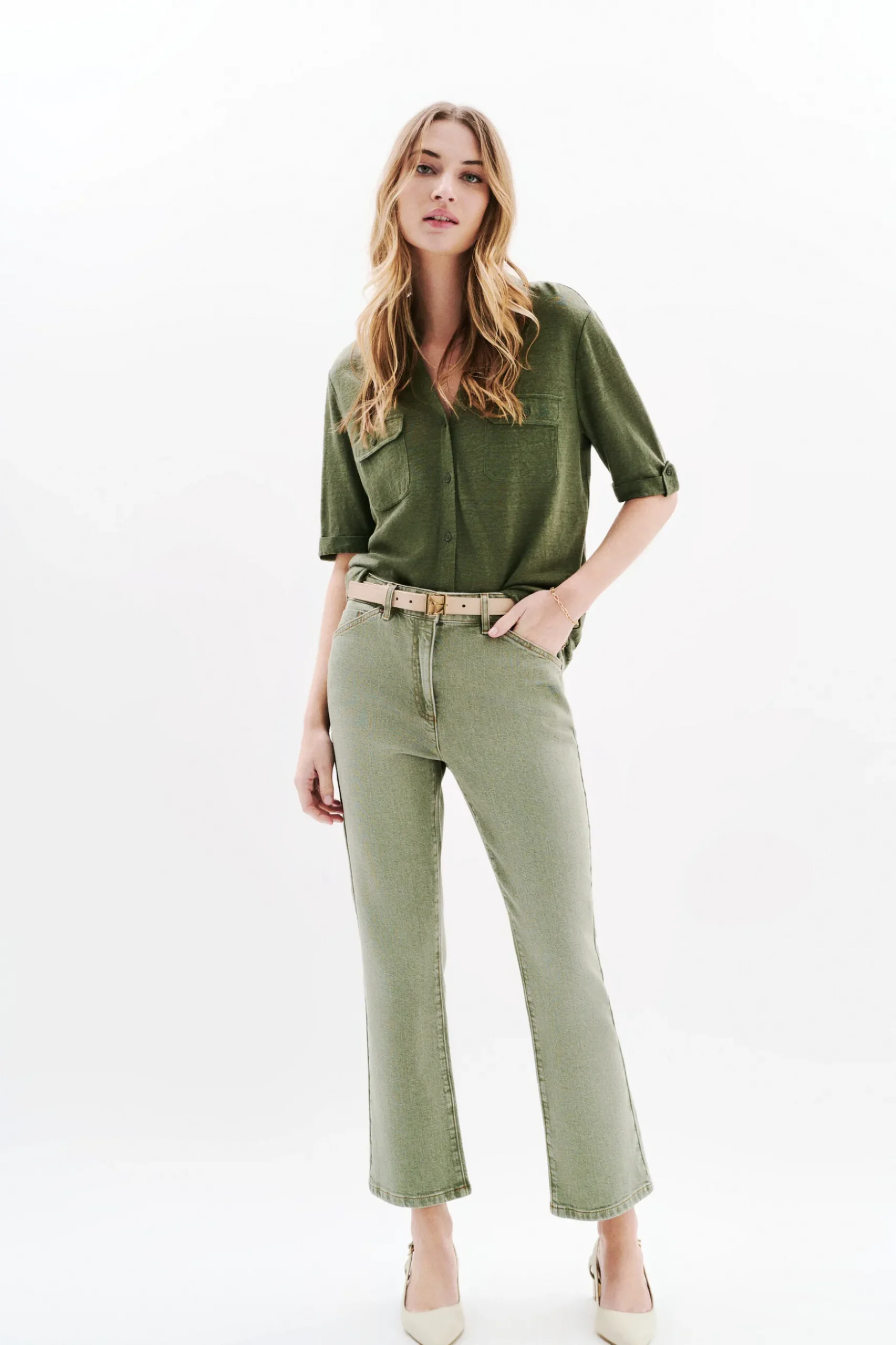 Online Chemise Estela 100% Lin Vert Kaki Femme Tops Et T-Shirts
