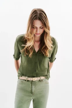 Online Chemise Estela 100% Lin Vert Kaki Femme Tops Et T-Shirts
