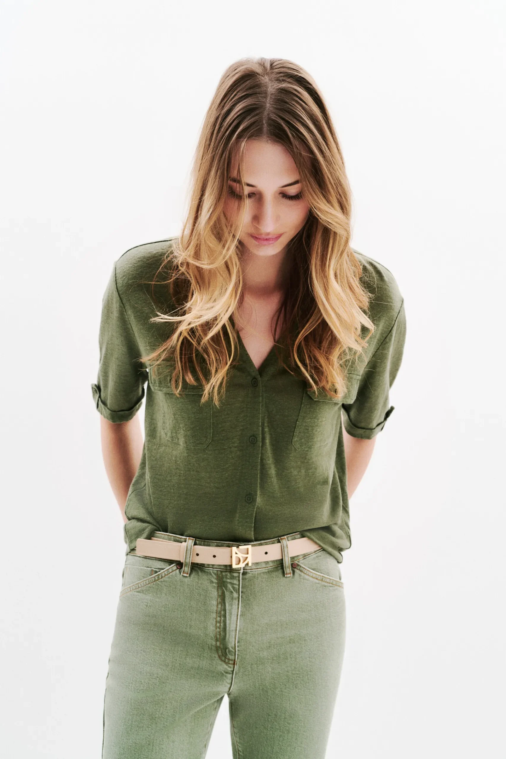Online Chemise Estela 100% Lin Vert Kaki Femme Tops Et T-Shirts