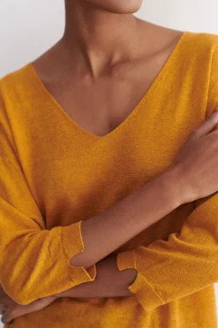 Cheap Pull Alicia Col V 100% Lin Jaune Moutarde Femme Pulls