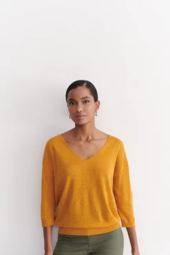 Cheap Pull Alicia Col V 100% Lin Jaune Moutarde Femme Pulls