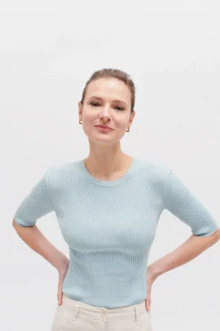 Discount Pull Jim En Maille Cotelee Bleu Ciel Femme Pulls
