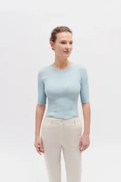 Discount Pull Jim En Maille Cotelee Bleu Ciel Femme Pulls