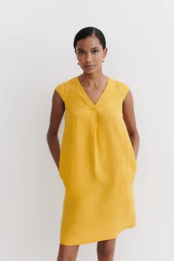 Outlet Robe Pamela 100% Lin Jaune Or Femme Robes