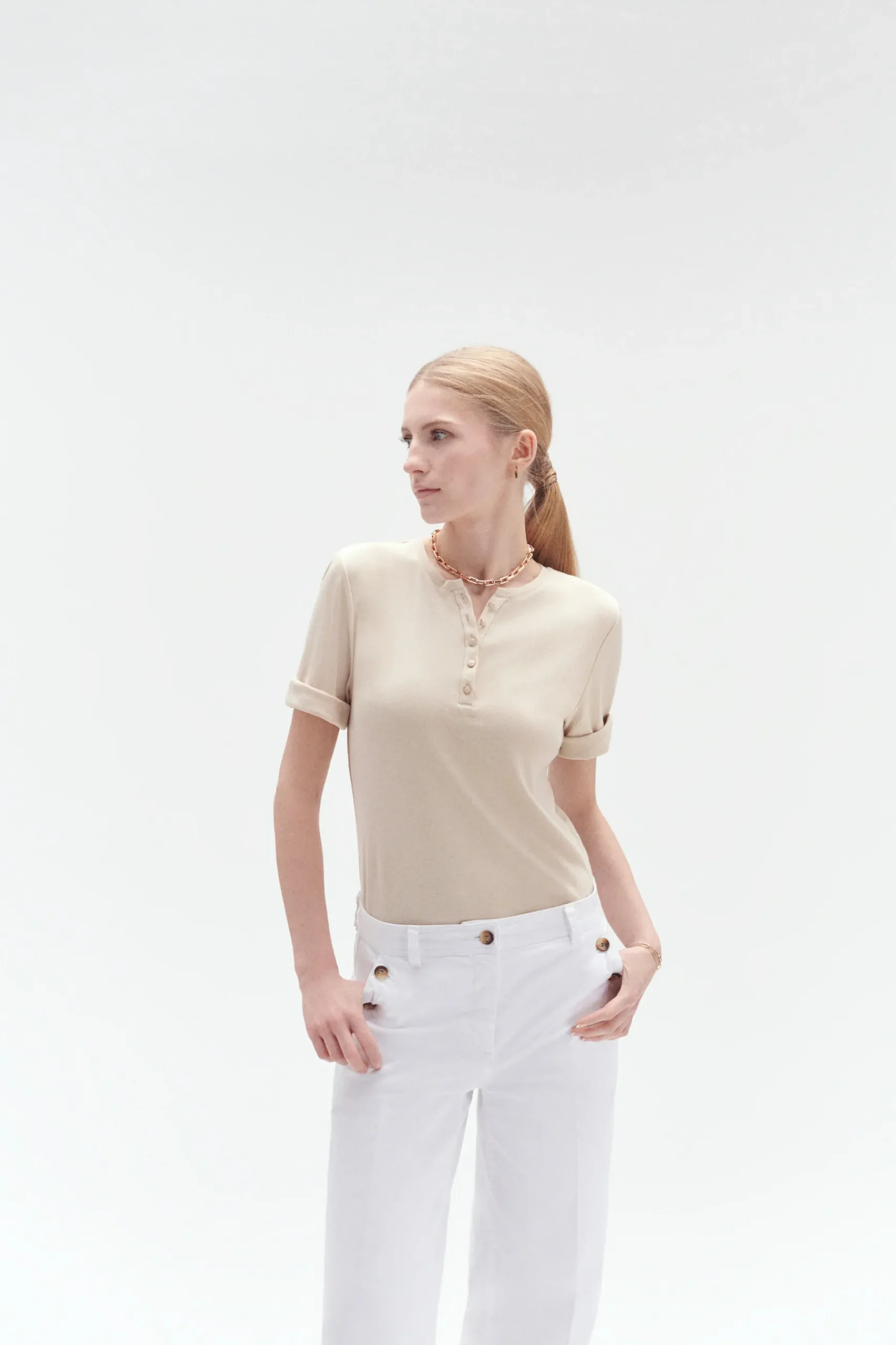 Cheap T-Shirt Boutonne Andrea Beige Femme Tops Et T-Shirts