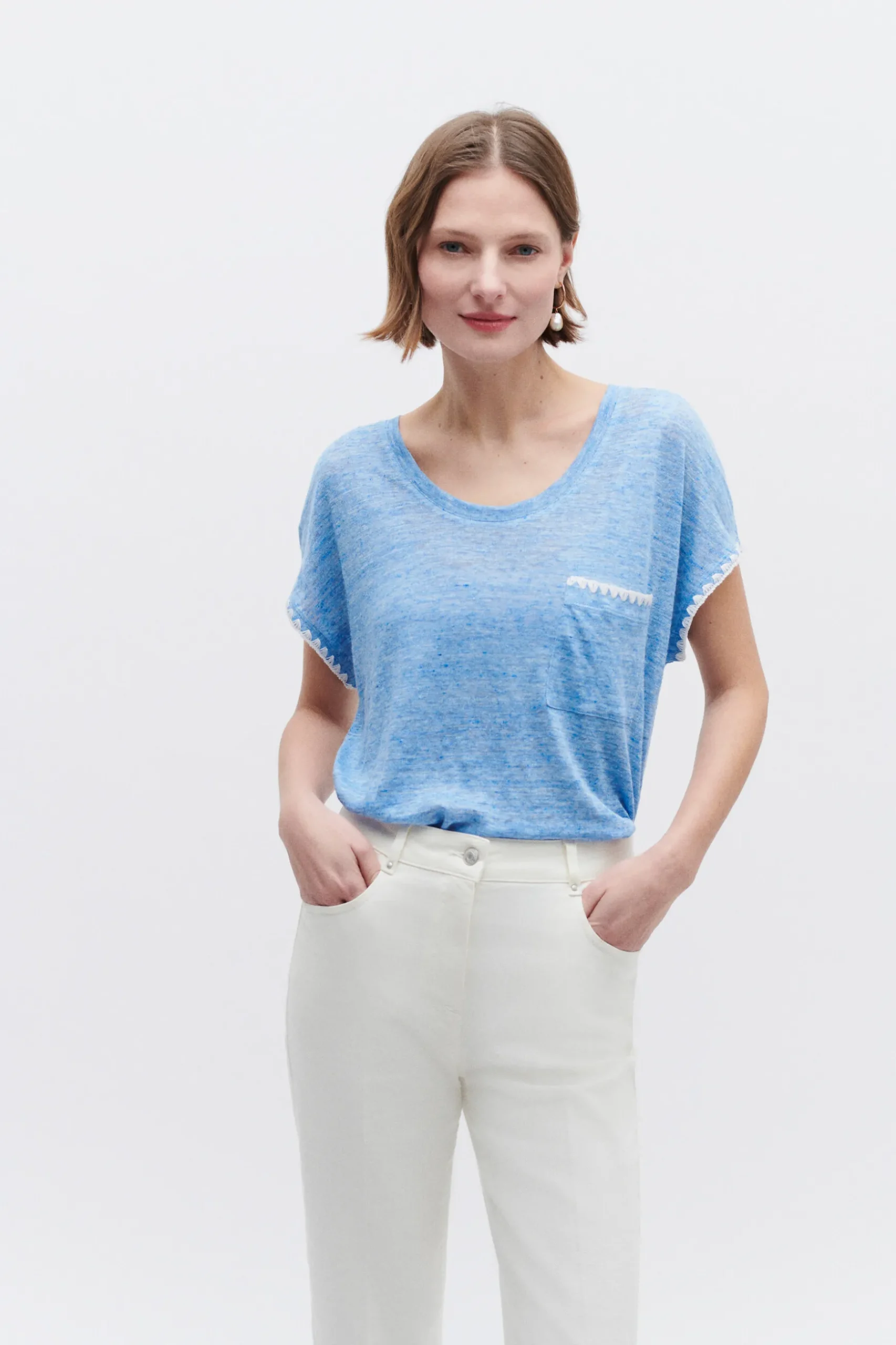 Store T-Shirt Evita 100% Lin Bleu Femme Tops Et T-Shirts