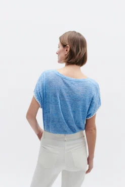 Store T-Shirt Evita 100% Lin Bleu Femme Tops Et T-Shirts