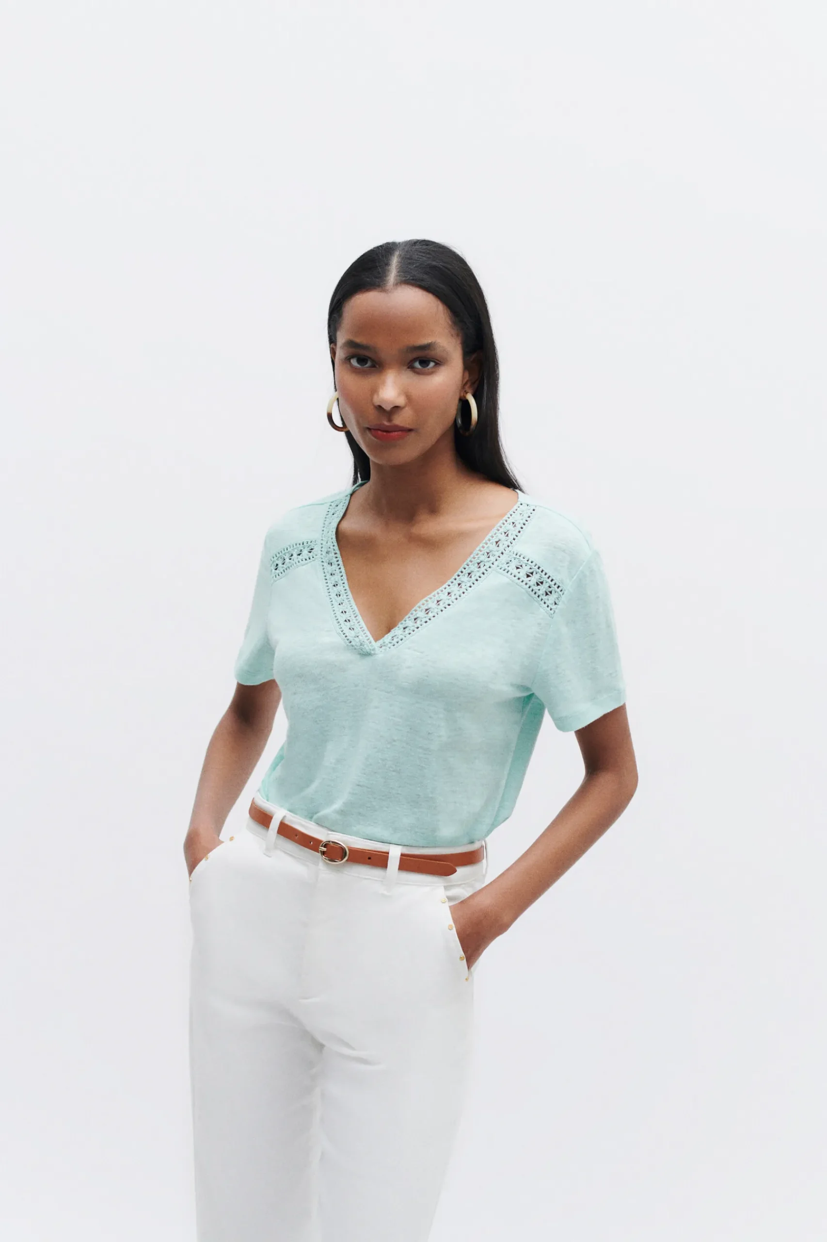 Outlet T-Shirt Lolita 100% Lin Vert Menthe Femme Tops Et T-Shirts